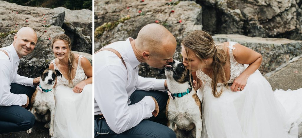Tina and Garrett with their puppy on their wedding day in Mount Baker, Washington