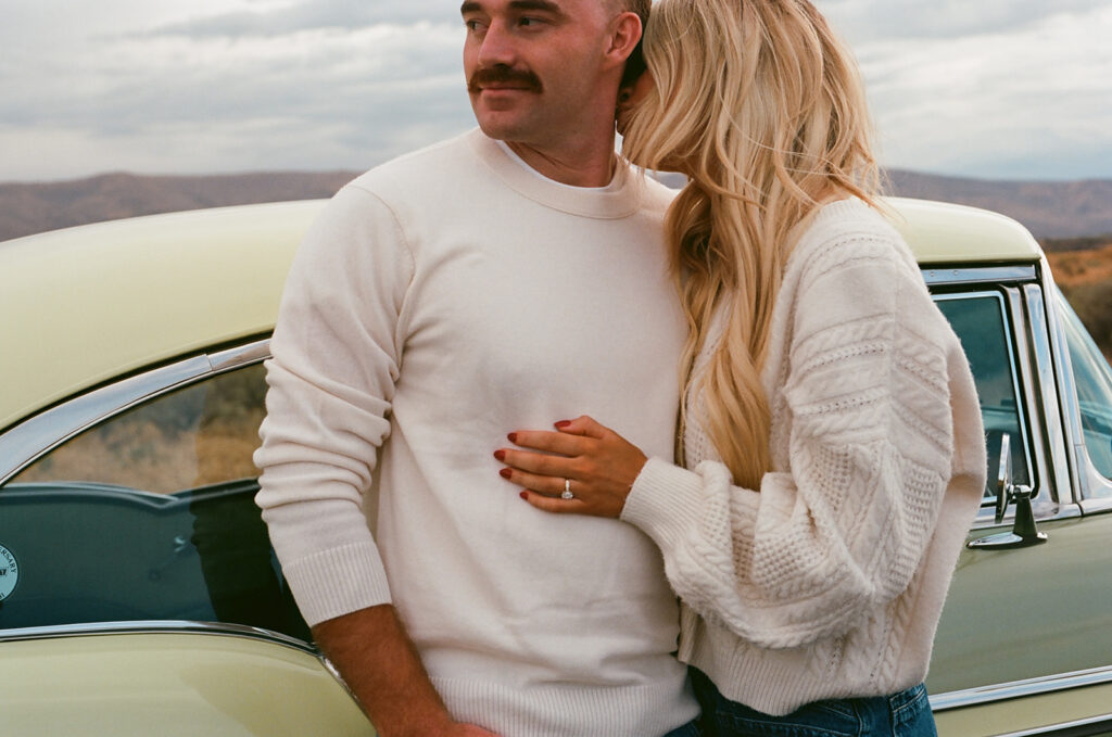 Couple embracing during a 35mm film at a Royal City, WA engagement session.