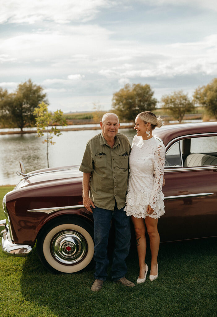 Alicia and her grandpa at their engagement session on family property in Royal City, WA