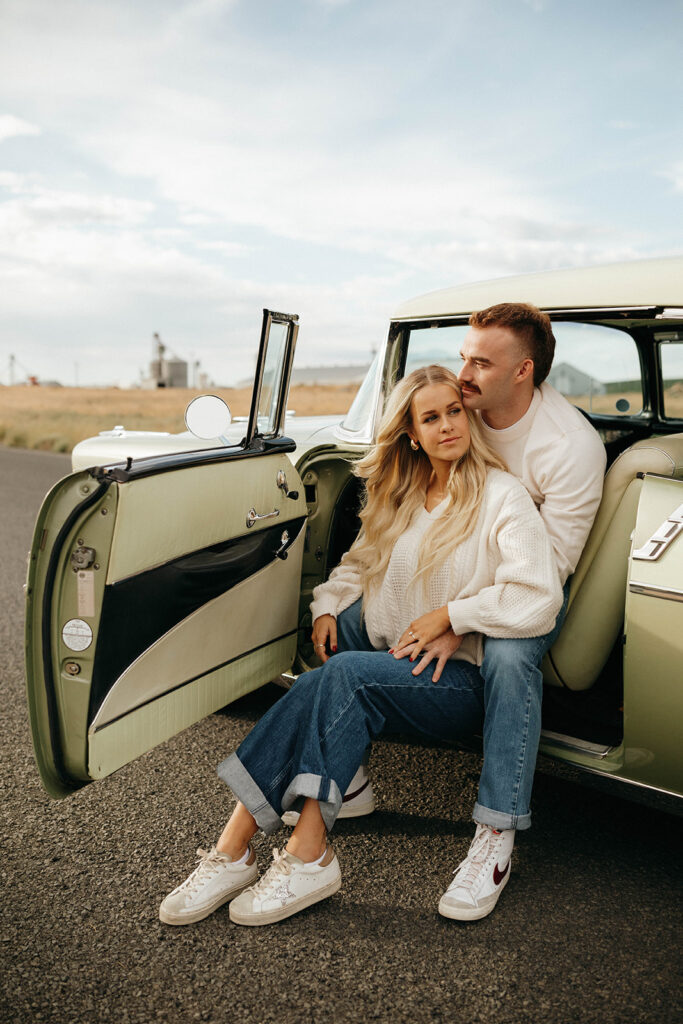 Royal city engagement session vintage car portrait.